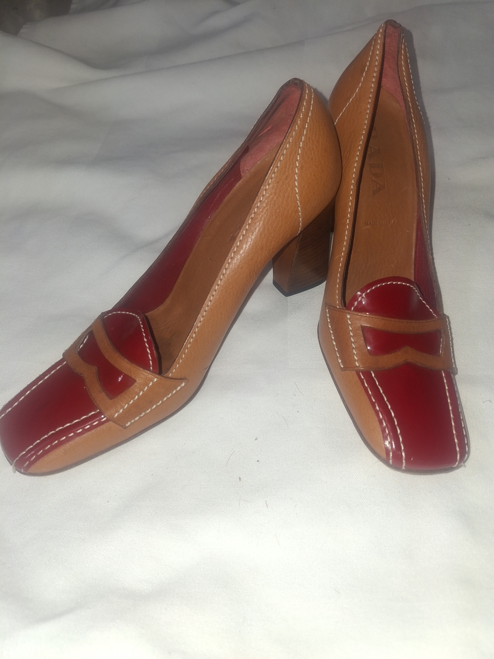 Y2K Prada Women's Two-Tone Tan and Red Leather Block Heel Loafers